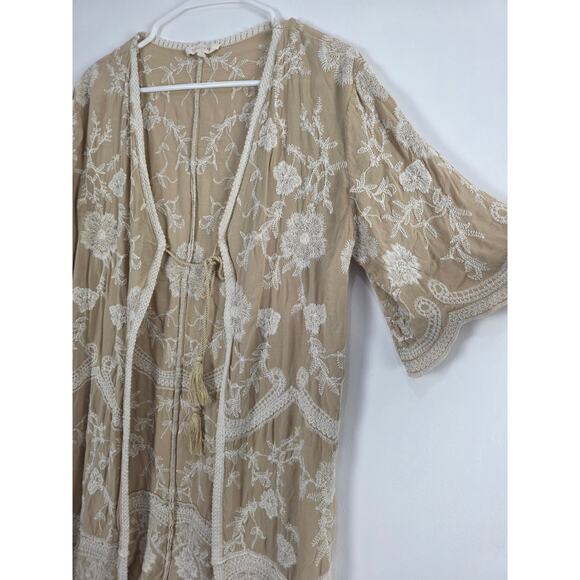 Solitare Cottage Core Cardigan L Womens Boho Coquette Embroidered Tan Coastal - Picture 2 of 6